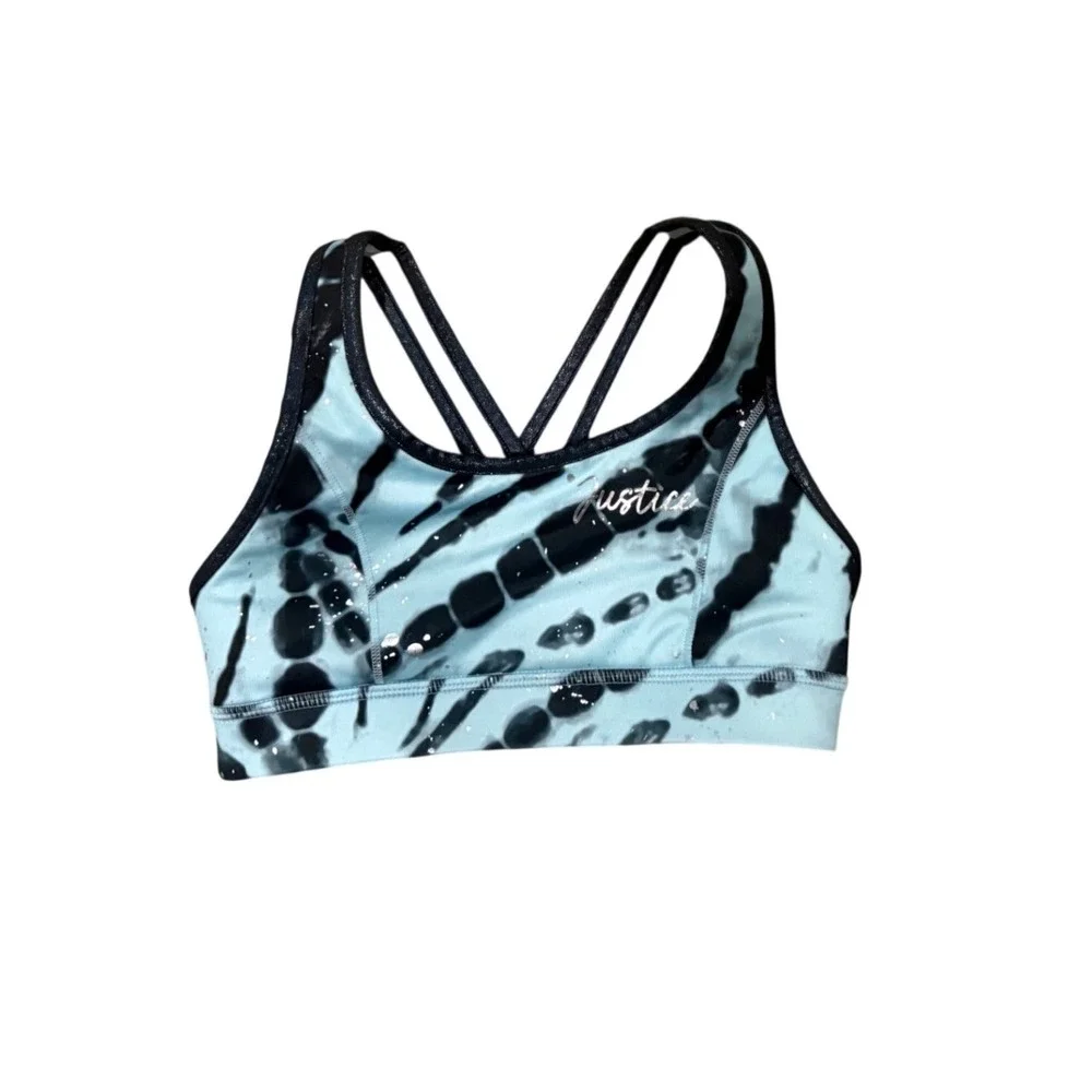 Justice Girls Blue Black Tie Dye Shimmer Strappy Back Sports Bra‎ Activewear 6/7